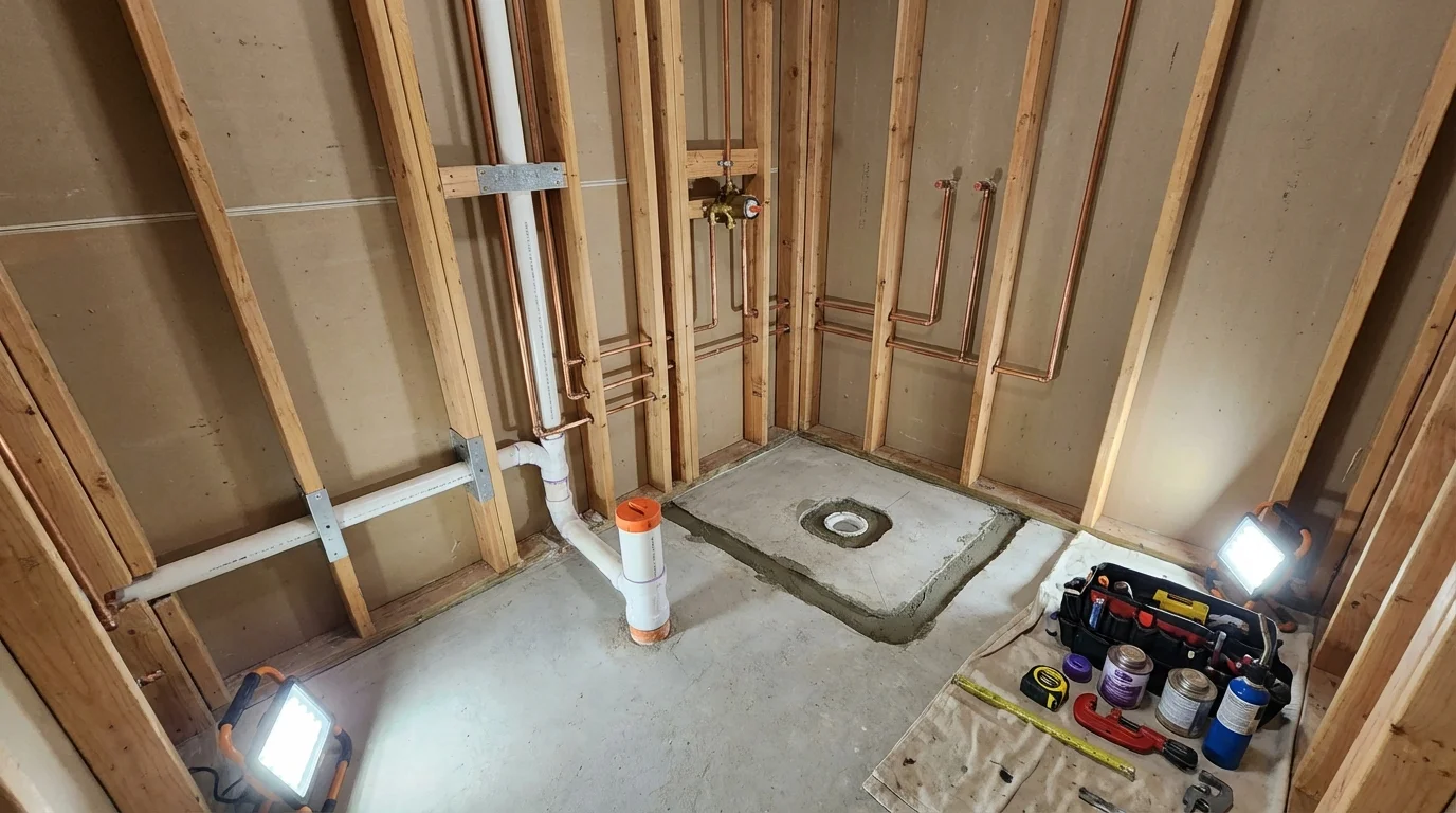 Bathroom rough-in plumbing during remodel by Johns Plumbing LLC in Christiansburg