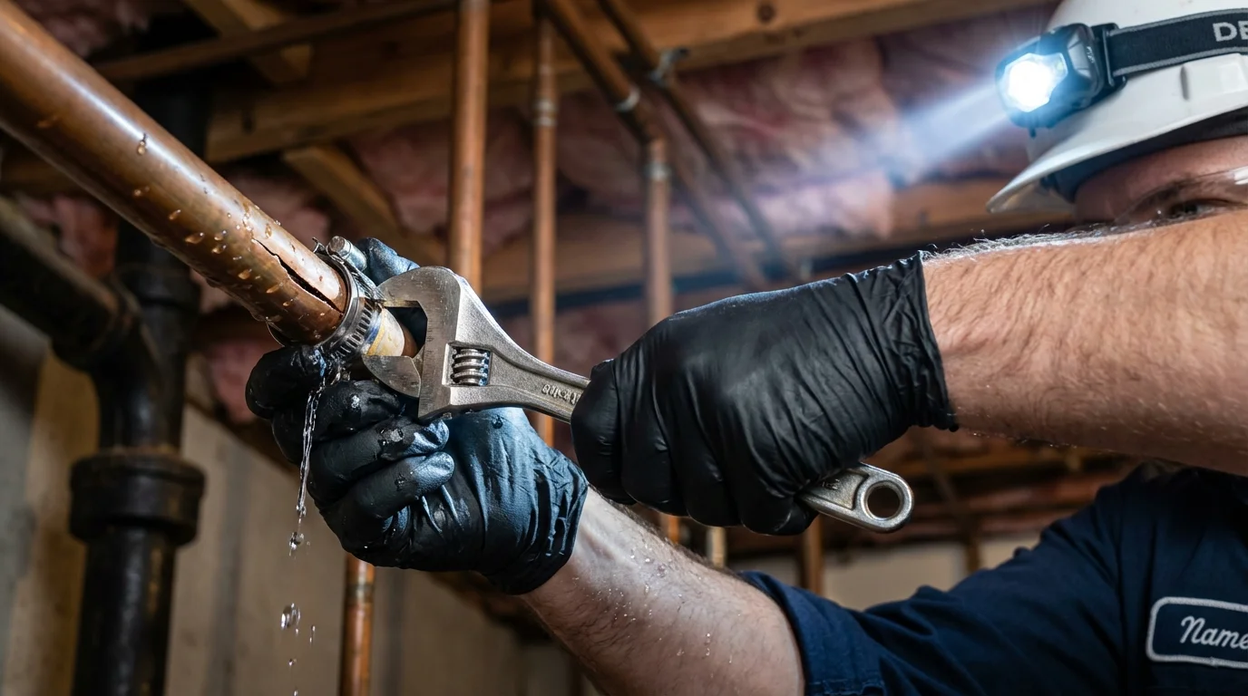 Emergency pipe clamp repair being performed by a Johns Plumbing LLC plumber in Christiansburg