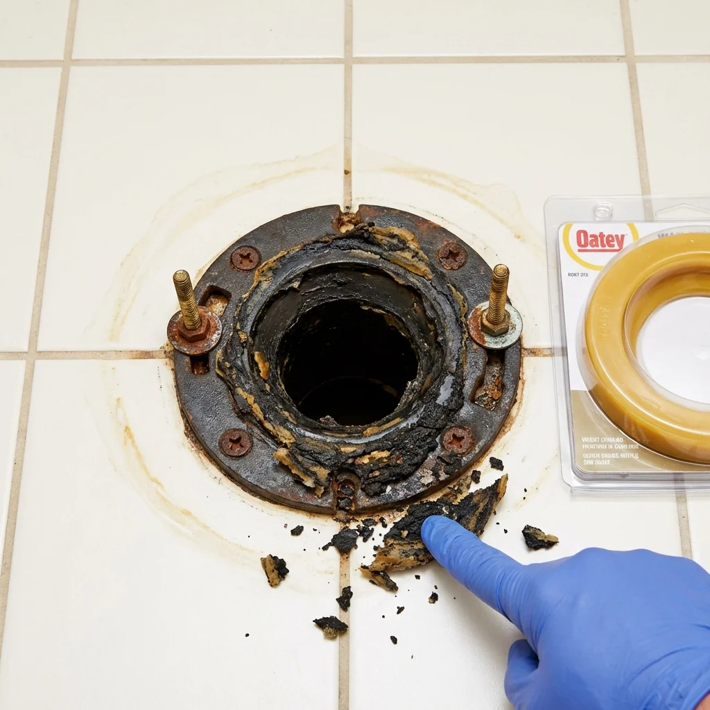 Failed wax ring showing water seepage at the base of a toilet in a Christiansburg, VA home