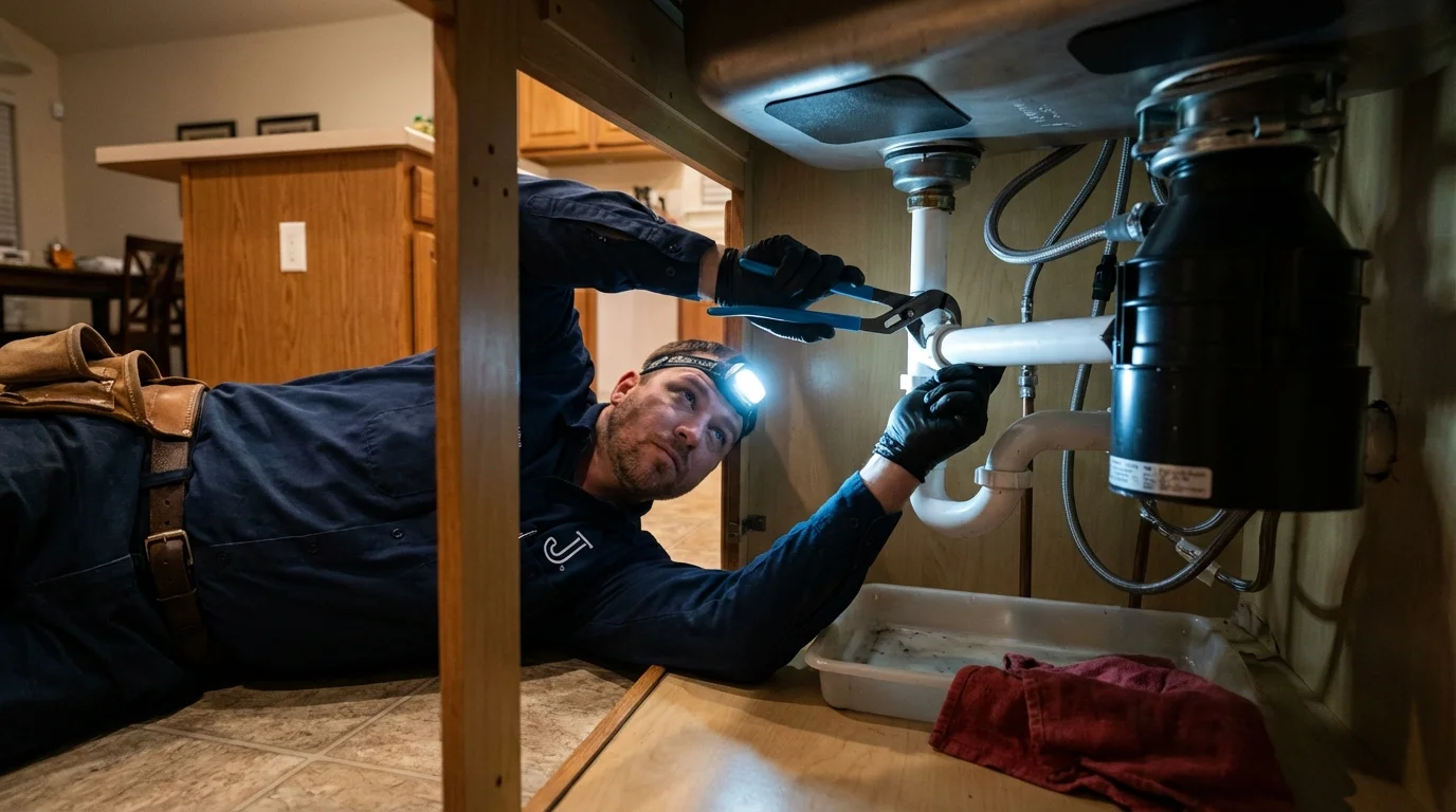 P-trap and supply line connections under a kitchen sink showing a common leak point in Christiansburg, VA